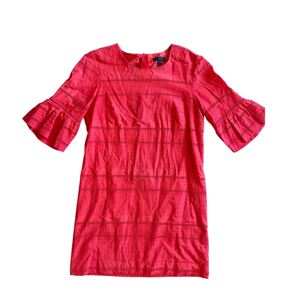 J Crew Red Eyelet Ruffle Bell Sleeve Shift Dress Women Size 8 Office Holiday